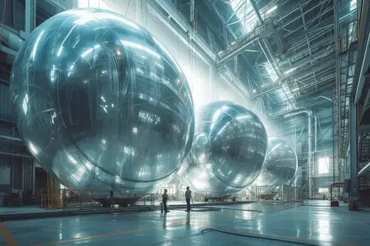 3D-рендер огромных металлических сфер в ангаре