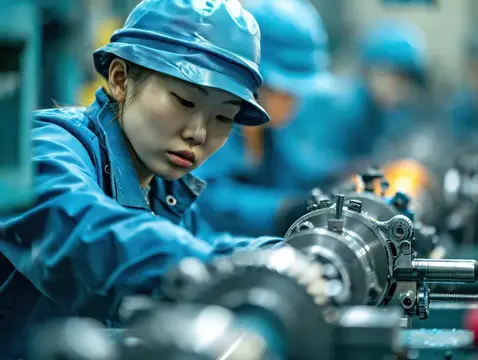 Азиатская работница в синей спецодежде за станком на заводе