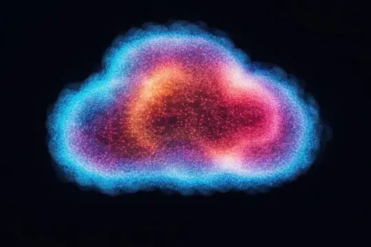 Абстрактная иллюстрация облака в неоновых цветах, таких как синий и розовый, представляющая цифровые технологии и инновации, подходящая для современных дизайнов