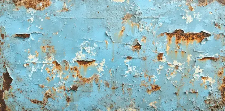 Облупившаяся голубая краска с ржавчиной на старой металлической поверхности