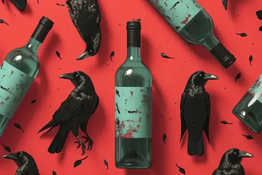 Иллюстрация с бутылками вина и чёрными воронами на красном фоне