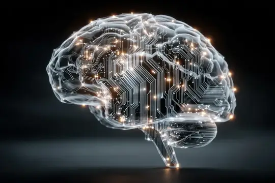 3D-рендер светящегося мозга с микросхемами на тёмном фоне