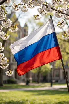 Российский флаг развевается среди цветущих ветвей весной