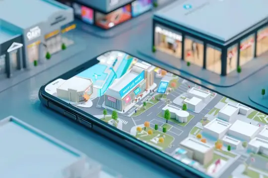 Смартфон с детальной изометрической 3D-картой города на экране, концепция технологии городской навигации, визуализация современного города