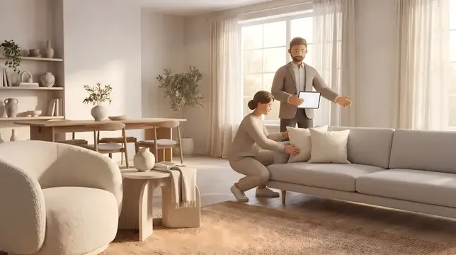 3D-рендер со светлой гостиной, где мужчина с планшетом и женщина поправляют подушки на диване