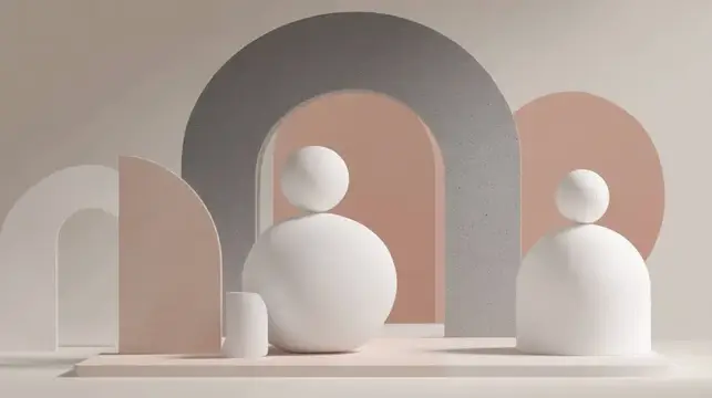3D-рендер скульптурной композиции из белых и бежевых геометрических фигур