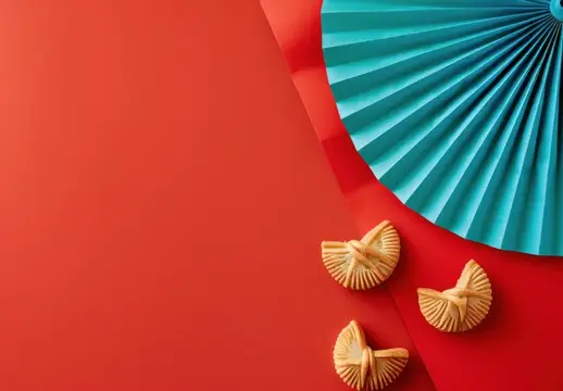 Бирюзовый бумажный веер и печенье на красном фоне