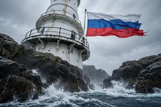 Белый маяк с российским флагом на скалах в штормовом море