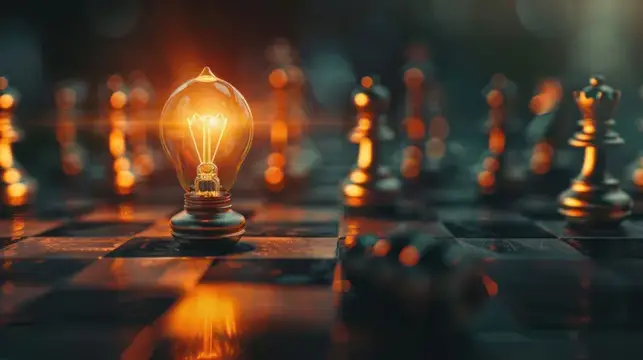 Зажженная лампочка ярко сияет среди золотых шахматных фигур на темной шахматной доске, олицетворяя креативность и стратегическое мышление в сюрреалистической обстановке
