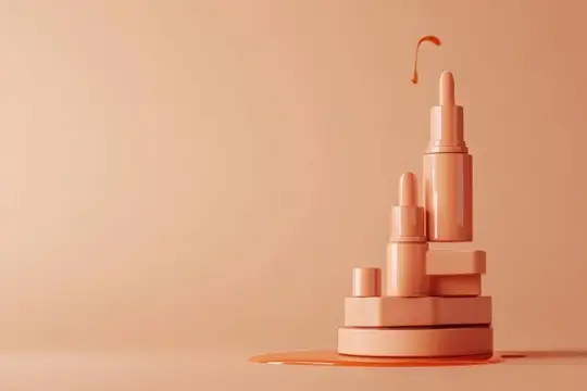 3D-рендер косметических флаконов с каплей сыворотки на персиковом фоне