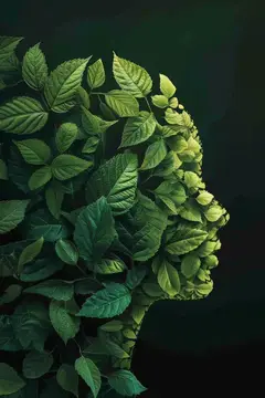 Иллюстрация профиля человека из зелёных листьев на тёмном фоне