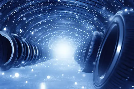 3D-рендер туннеля из автомобильных шин с искрящимся светом