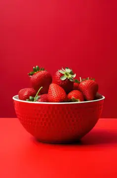 Миска со свежими фруктами: красные ягоды, клубника, зелень на столе