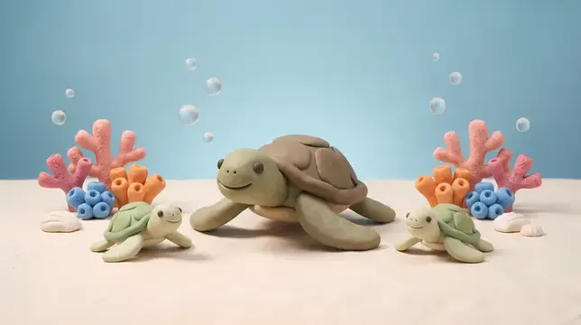 Ручная работа: 3D-сцена из глины, изображающая морскую среду с родительской и юной морскими черепахами в спокойной симметричной подводной обстановке