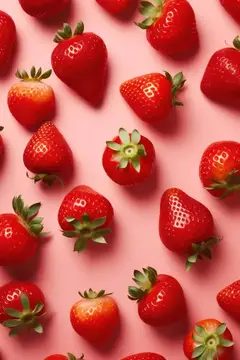 Спелые ягоды клубники с зелеными листьями на розовом фоне