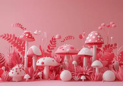 Причудливая 3D-сцена, наполненная розовыми и белыми грибами среди пышной листвы, создающая волшебную и сказочную лесную атмосферу