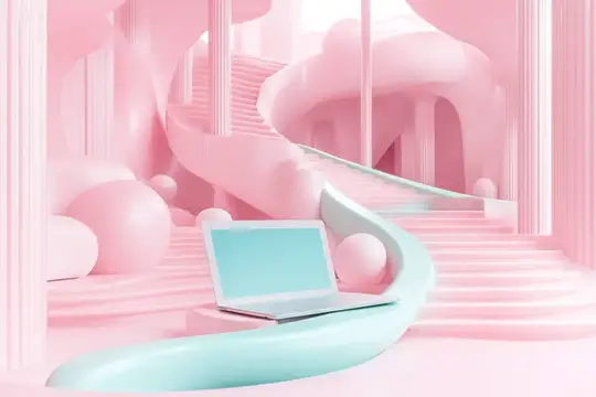 3D-рендер с ноутбуком на фоне розовых волнистых лестниц и арок