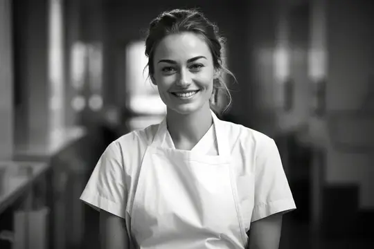 Улыбающаяся молодая женщина в белом фартуке в кухне