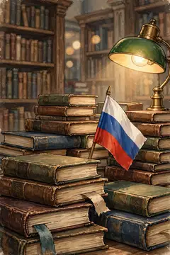 Иллюстрация с стопками старинных книг и флагом России под лампой