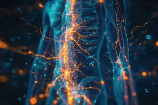 3D-рендер светящейся нервной системы человека в синих и оранжевых тонах