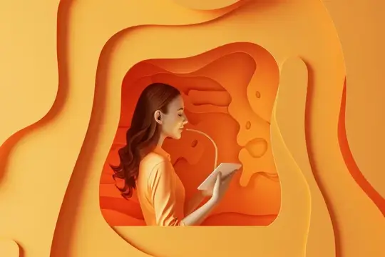 3D-иллюстрация с брюнеткой в оранжевом платье, читающей книгу в бумажном лабиринте