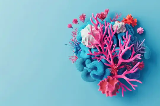 Концептуальный 3D-рендеринг человеческого мозга, покрытого кораллами и водорослями, на ярком голубом фоне с местом для текста