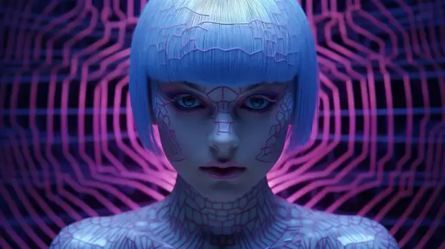 3D-рендер футуристичной девушки с синими волосами на фоне неоновых схем