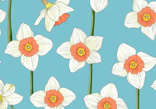 Яркие нарциссы с белыми лепестками и оранжевыми серединками гордо возвышаются на синем фоне