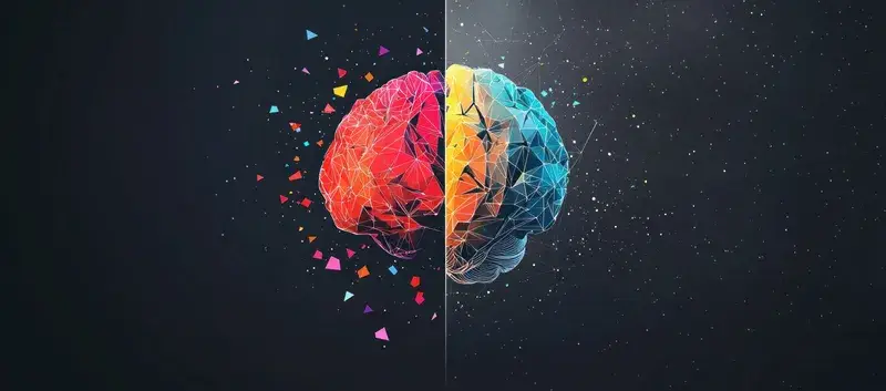 Яркое изображение мозга, разделенного на теплые цвета с одной стороны и холодные с другой, символизирующее баланс креативности и логики