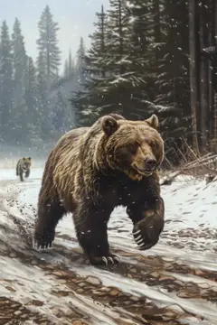 Бурый медведь идёт по заснеженной лесной тропе