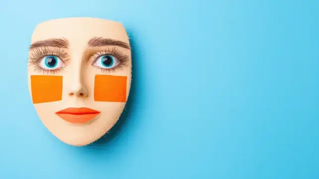 Гипсовая маска с макияжем и оранжевыми заплатками на голубом фоне