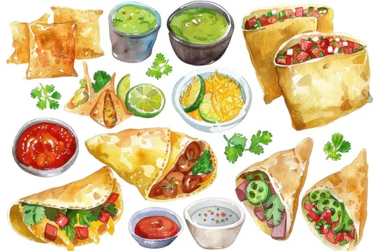 Акварельная иллюстрация мексиканских закусок с соусами и зеленью