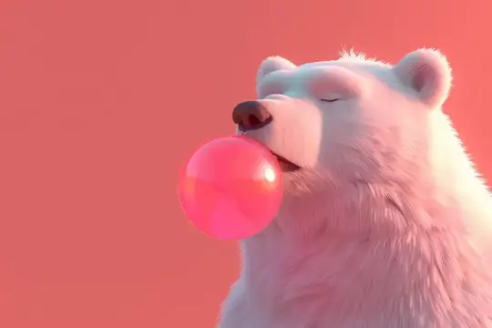 3D-рендер белого медведя, надувающего розовый пузырь
