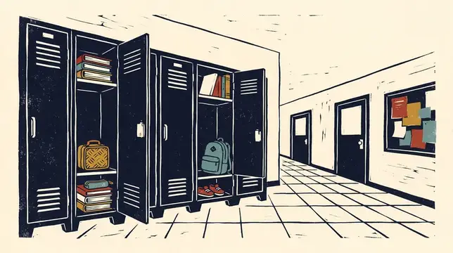 Широкий баннер в стиле линогравюры «Снова в школу»: открытые шкафчики, рюкзак, тетради, ланч-бокс и чистое пространство коридора для сезонных образовательных сообщений