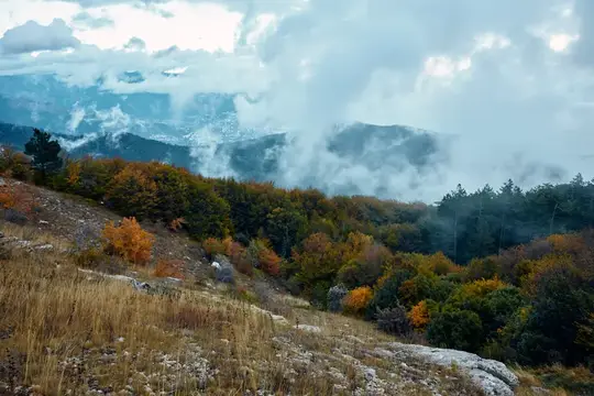 Осенние горные склоны с лесом и облаками