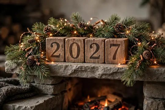 Деревянные кубики с числом 2027 в еловых ветках у камина