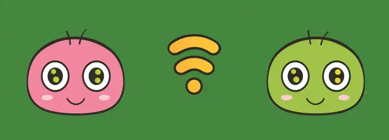 Иллюстрация с розовым и зелёным персонажами и знаком Wi-Fi