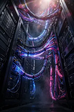 3D-рендер серверной с неоновыми кабелями в дымке