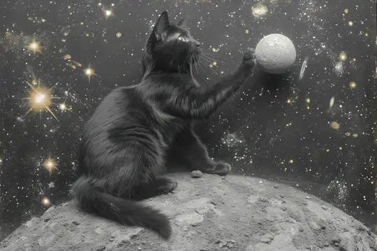 Черный кот играет с маленькой луной на фоне звездного неба