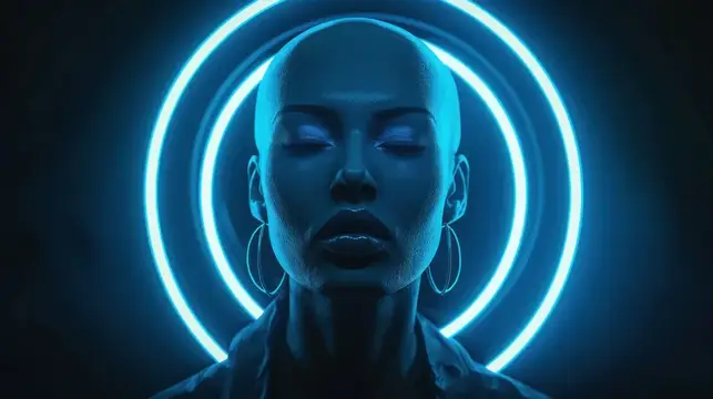 3D-рендер лысой темнокожей женщины с закрытыми глазами в неоновом свете