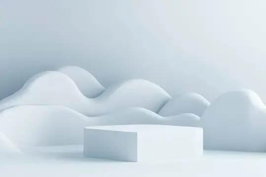 Минималистичный 3D-пейзаж с мягкими белыми волнами и пьедесталом, идеально подходящий для демонстрации продуктов в чистой, современной эстетике