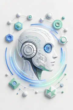 3D-рендер профиля робота с светящимся глазом в окружении геометрических фигур