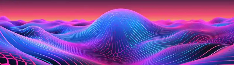 3D-рендер футуристических волнистых холмов в неоновых синих и розовых тонах