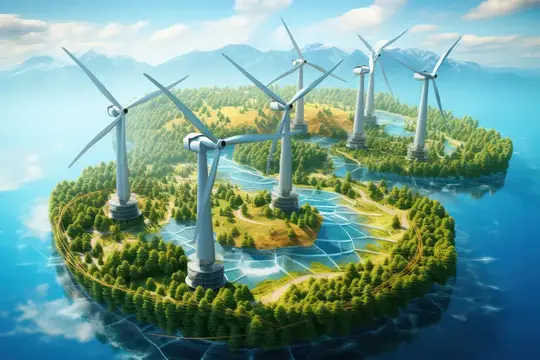 3D-рендер острова с ветряными турбинами и лесом