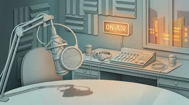3D-рендер студии звукозаписи с микрофоном и светящейся табличкой On Air