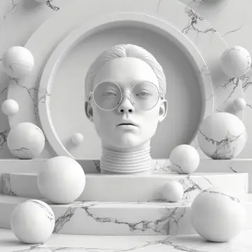 Элегантное женское лицо, окруженное белыми мраморными шарами и круглой рамкой, в 3D-рендеринге