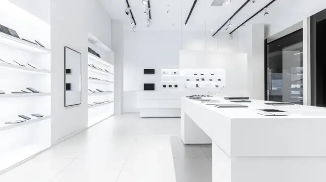 Светлый интерьер магазина электроники с витринами и планшетами