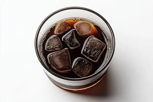 Стакан холодного кофе со льдом и апельсином на белом фоне