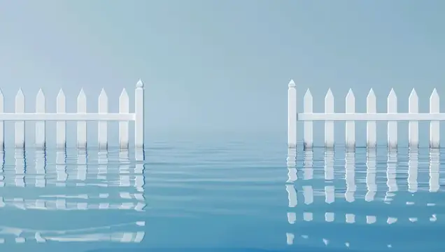 3D-рендер с белыми заборами, уходящими в воду