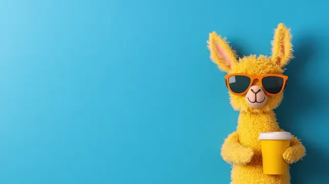 Пушистая желтая игрушка лама в оранжевых солнцезащитных очках с бумажным стаканом